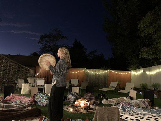 Shamanism class and women's moon circle in Walnut Creek, CA. Shamanic drumming during a shamanic journey.