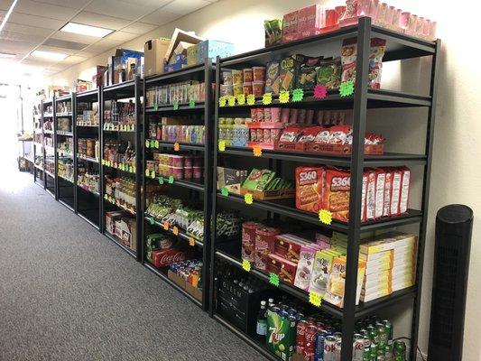 Shelves of American and Asian food items