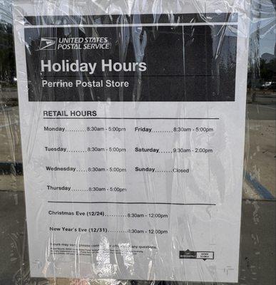 2024 Christmas hours which did not align with the hours posted online. Leaving here for those that find it useful