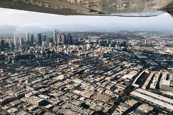 Flying past downtown LA on our flight back to Fullerton