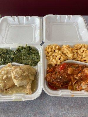 Chicken francese with creamed spinach and chicken stew with mac&cheese