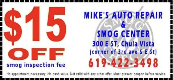 $15 OFF smog inspection fee