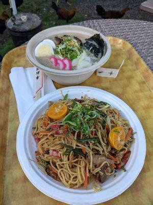 Local fried noodles on the bottom, Tonkatsu ramen on top.