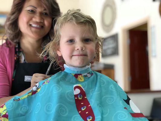 (Almost) three-year-old's first haircut.  No tears. Stephanie is amazing