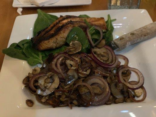 Salmon and grilled mushrooms and onions which I hear are just "meh okay."