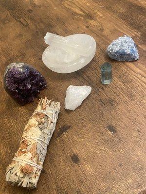 Sage, Amethyst chunk, Selenite bowl and wand, small Fluorite tower, Clear Quartz chunk, Blue Calcite.