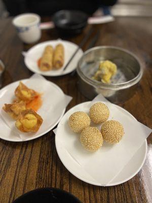 Cheese wonton, veggie rolls, chicken shumai, red bean sesame balls