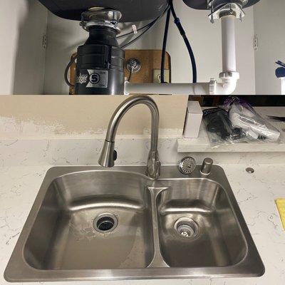 Full sink install with new faucet, new basket strainers, new garbage disposal, new drain and angle stops.