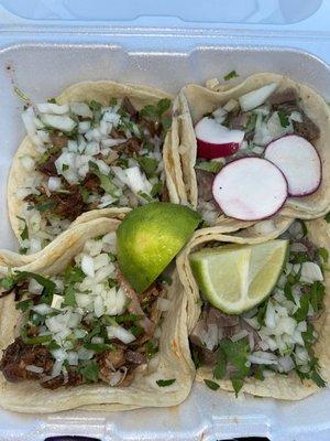 The left is tacos de carnitas and the right is tacos de lengua