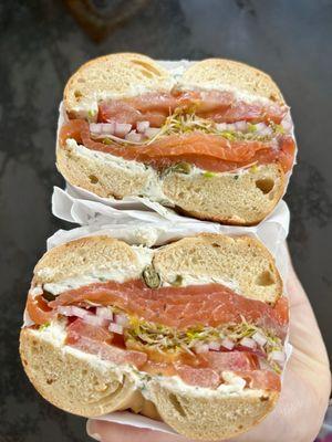 Norwegian Lox Sandwich on Jalapeno Bagel w/ Garlic and Herbs CC (~$10.50, 4.75/5 stars)