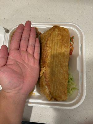 Big chimichanga (meat tastes like soap, not edible unfortunately, great fry on the top, soggy/not fried enough at the bottom)