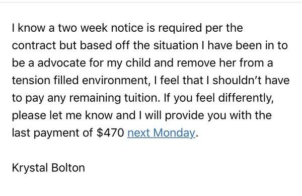 My email to the owner explaining why I was removing my child from the daycare, I received no response