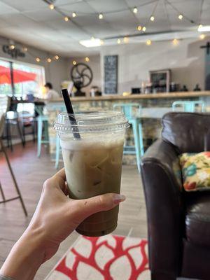 Iced Matcha with almond milk cold foam and a shot of espresso