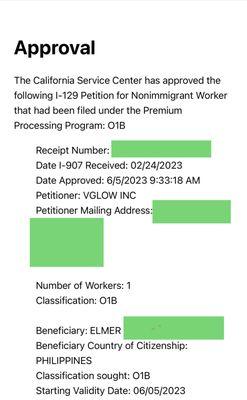 Approval Notice of I-129 for O-1B Visa