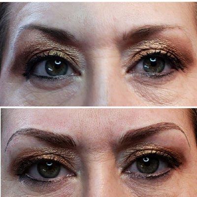 Before and After her permanent microbladed eyebrows