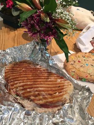 The tuna melt sandwich special, oversized m&m cookie, and local flower bouquet -- all from the market!