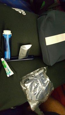 Free toothbrush , paste, comb, ear plugs, eye covers