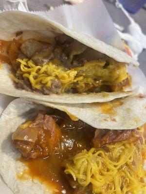 Carne Guisada with cheese and bacon potato bean and cheese tacos