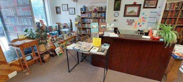 Our front desk, beginning readers, and used children's books section