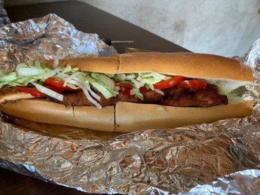 Chicken cutlet salt pepper lettuce mayo- hot cherry peppers