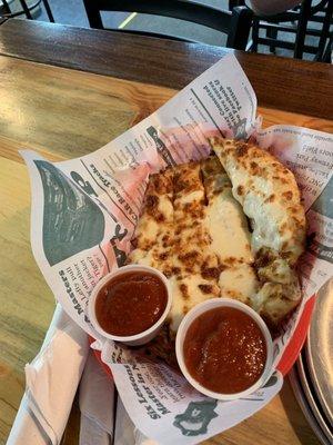 Cheese Breadsticks with sauce. The crust was so thick & crispy!