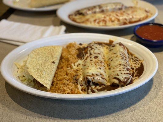 Combo # 1 of One hard taco, 2 Enchiladas, and Mexican rice (ground beef version)