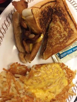 Texas bacon egg and cheese melt and hashbrowns with cheese and onions