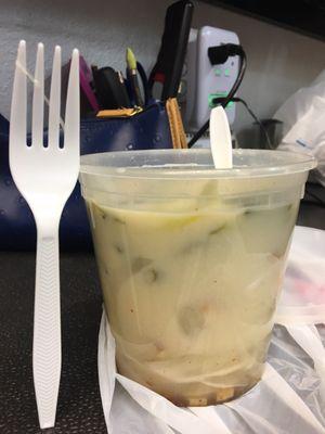 Tom Kha soup with tofu, medium spicy and while it was delicious it came in a very small container with no side of rice for $9.00.