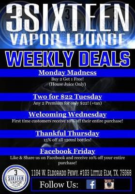 3 Sixteen Vapor Lounge Weekly Deals!