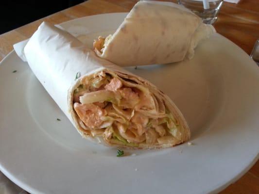 Salmon Wrap (skewered charcoal grilled salmon with fresh tomato, lettuce and onion, served on lavash bread) $8.95