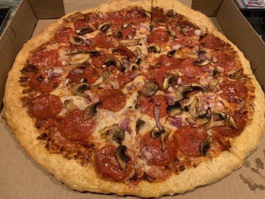 Made Large 14" Create Your Own Pizza - pepperoni, mushroom and onion