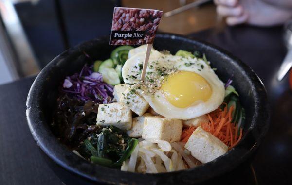 Dolsot Bibimbap with Fried Tofu and Purple Rice