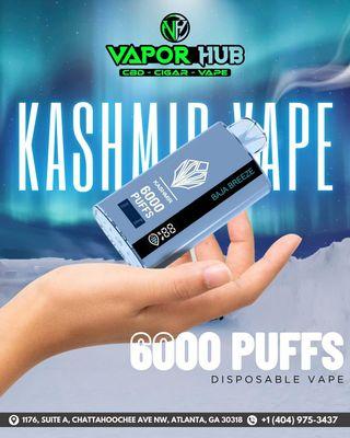 "Cloud chasers, meet your new best friend--Kashmir 6000 puffs disposable vape at Vapor Hub Chattahoochee!