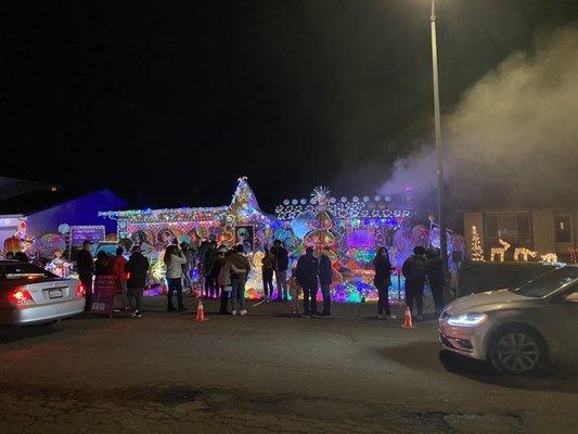 View from across the street with the cotton candy chimney blowing!