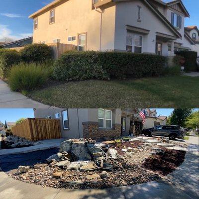 Front yard renovation and water feature installation.