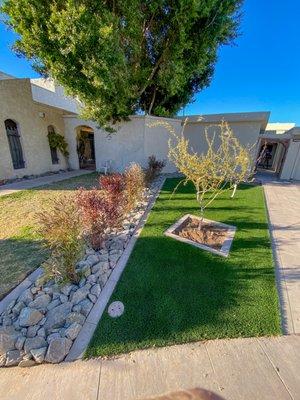 Front yard remodel with belgard moduline pavers in linen and artificial turf