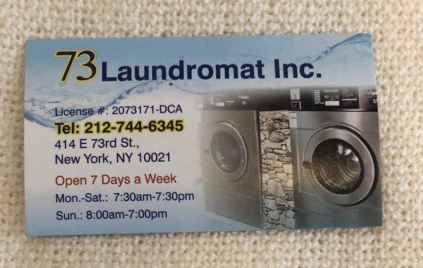 Not sure why their business cards say "73 Laundromat" instead of "Reliable Laundry & Cleaners"