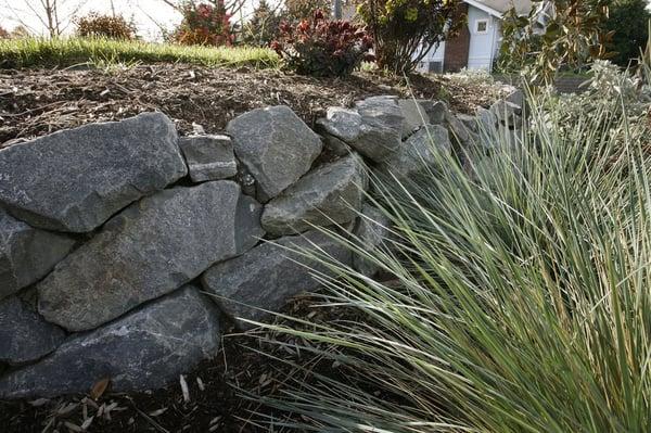 blue oat grass and boulder wall