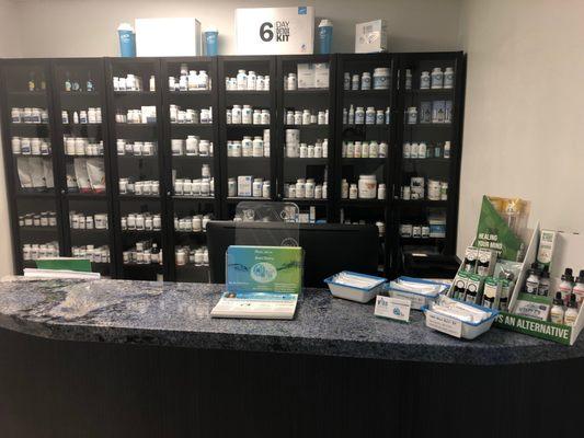 Our checkout area with a large selection of pharmaceutical-grade nutritional supplements.