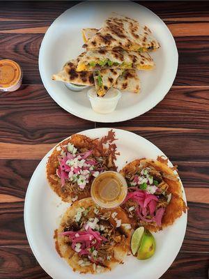 Spicy Pork Tacoz and Carne Asada Quesadilla from the Favorites Menu