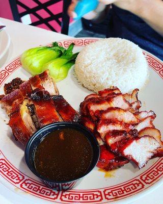 Roast duck and char siew rice with vegetables