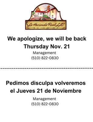 We will be closed 11/18 - 11/20