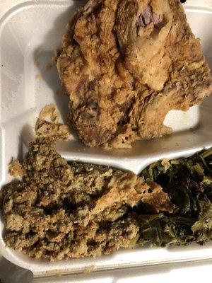 Pork chop dressing and pork greens (also had turkey greens)