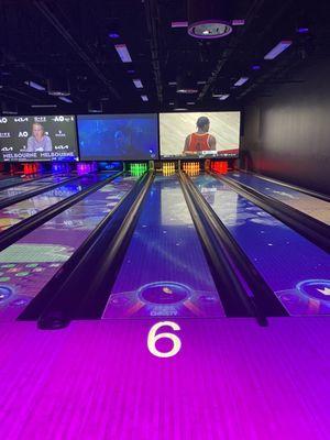 Bowling lanes are all lit up