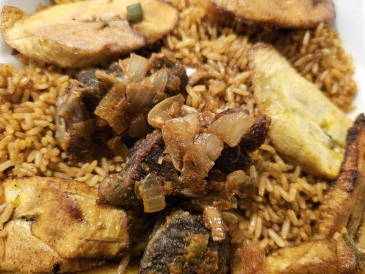 Jollof Rice With Plantain and Protein - beef, lamb, and goat