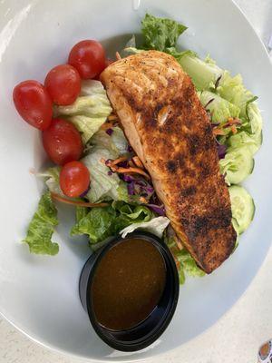 Blackened salmon added to house salad