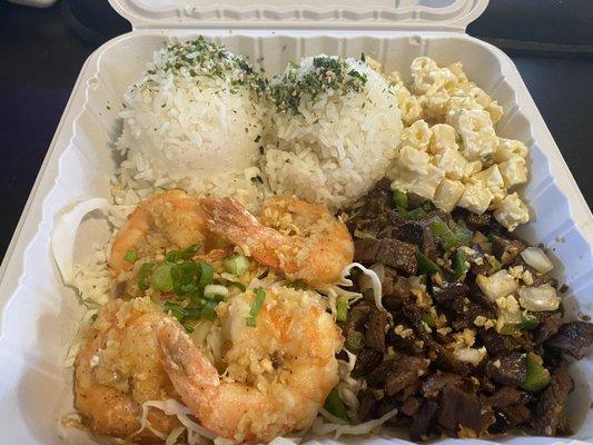 KBBQ Short Rib Sisig and Jumbo Garlic Shrimp Rice Plate