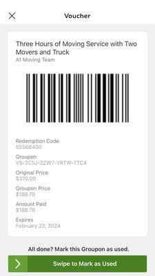 My receipt for paid services on Groupon submitted 8/26/2023