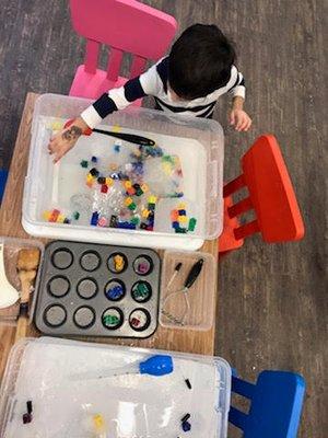 Pre-school making ice & snow during a STEAM sorting Lesson