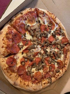 Large with pepperoni and mushrooms